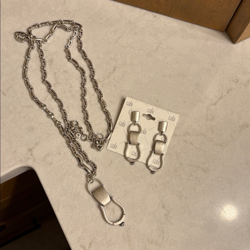 CAbi Brushed Metal Silver STIRRUP EARRINGS + matching necklace
